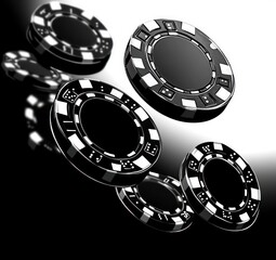 Naklejka premium Black and white poker chips falling against a blurred monochrome background, evoking excitement and dynamic motion