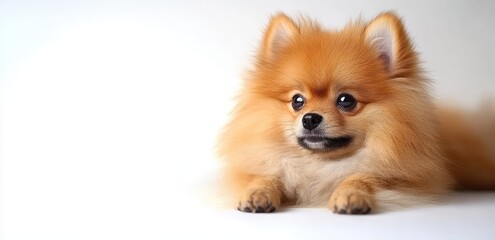 Obraz premium fluffy small orange pomeranian dog lying down against white background with alert and curious expression
