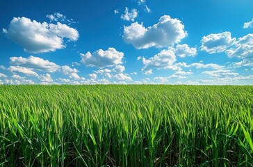 Vibrant green wheat field under a bright blue sky with fluffy white clouds on a sunny day
