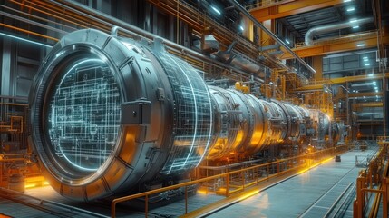 Futuristic large cylindrical industrial machine with glowing digital schematic overlays housed in a spacious high-tech factory filled with metal structures and orange lighting