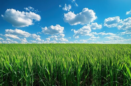 Vibrant green wheat field under a bright blue sky with fluffy white clouds on a sunny day