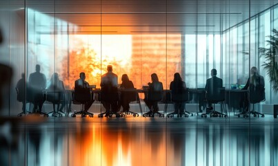 Group of business people sitting around a long conference table in a modern glass-walled meeting room with a bright orange sunset outside, creating a professional and reflective atmosphere