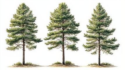Fototapeta premium Three tall green pine trees standing on small patches of grass against a white background, showcasing natural symmetry and serene outdoor beauty