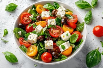 Fresh colorful salad with cherry tomatoes, black olives, cubes of white cheese, and green basil leaves in a white bowl on a light surface sprinkled with pepper and fresh basil