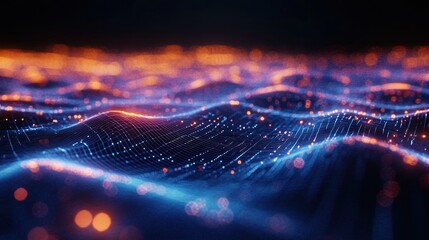 Abstract digital landscape with flowing grid lines and glowing orange and blue particles creating a futuristic and dynamic visual effect