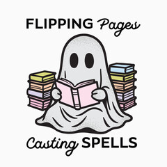Flipping pages, casting spells. Ghost reading a book vector illustration, street wear t shirt design