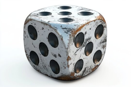 Close-up of a worn and rusty metal dice showing numbers six, five, and four with a weathered and scratched surface