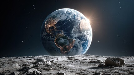 Earth rising over lunar landscape