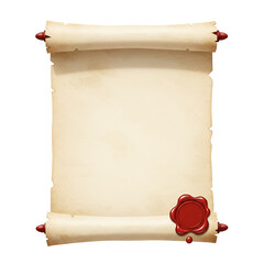 Realistic open parchment scroll with red wax seal isolated isolated on white background	
