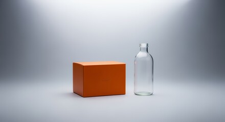 A simple orange box sits beside a clear glass bottle on a light gray background, creating a minimalist product display.
