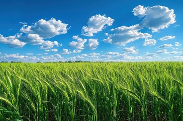Vibrant green wheat field under a bright blue sky filled with fluffy white clouds conveying a peaceful natural scene