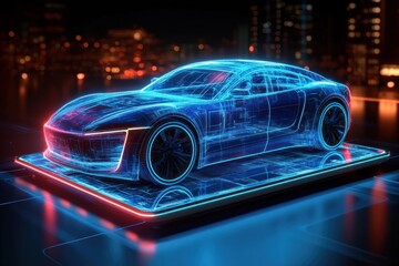 glowing futuristic blue wireframe sports car model displayed on a digital tablet with city lights blurred in the background showing advanced technology and innovation