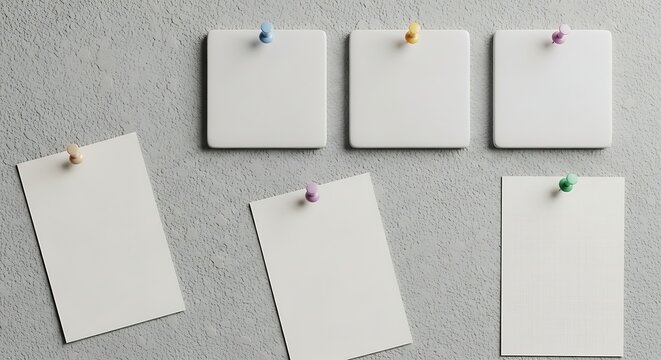 Creative wall with notes and ceramic tiles pinned up as an inspiration board