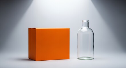 A simple, elegant still life featuring a clear glass bottle and an orange square box on a light gray .