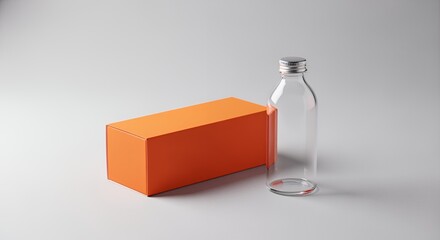 A clear glass bottle with a silver cap rests beside a vibrant orange rectangular box on a minimalist white background.