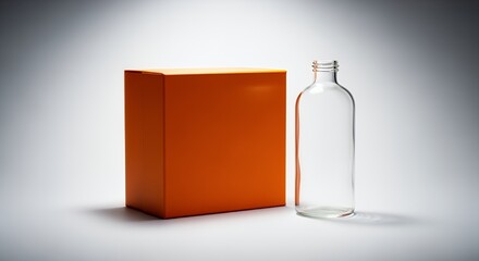 A simple orange box sits beside a clear glass bottle on a light gray background, showcasing minimalist product packaging design.