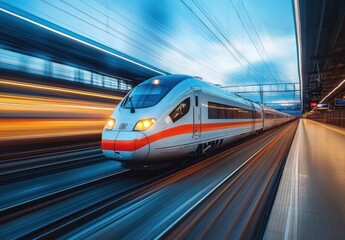 Fototapeta premium Modern high-speed train moving rapidly through a station at dusk with motion blur capturing the sense of speed and dynamic urban transit