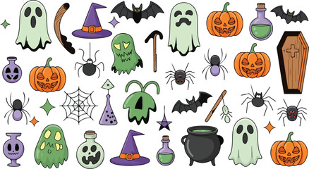 WebA spooky halloween collection featuring ghosts bats spiders and witch hats in a charming silhouette style