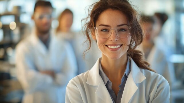 Smiling female scientist wearing glasses and lab coat in focus with blurred team of scientists in background in a bright laboratory