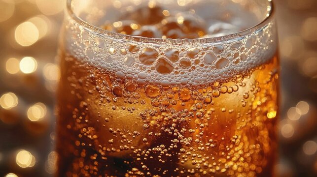 Close-up of a glass filled with carbonated amber beverage showing bubbles and foam with warm golden lighting