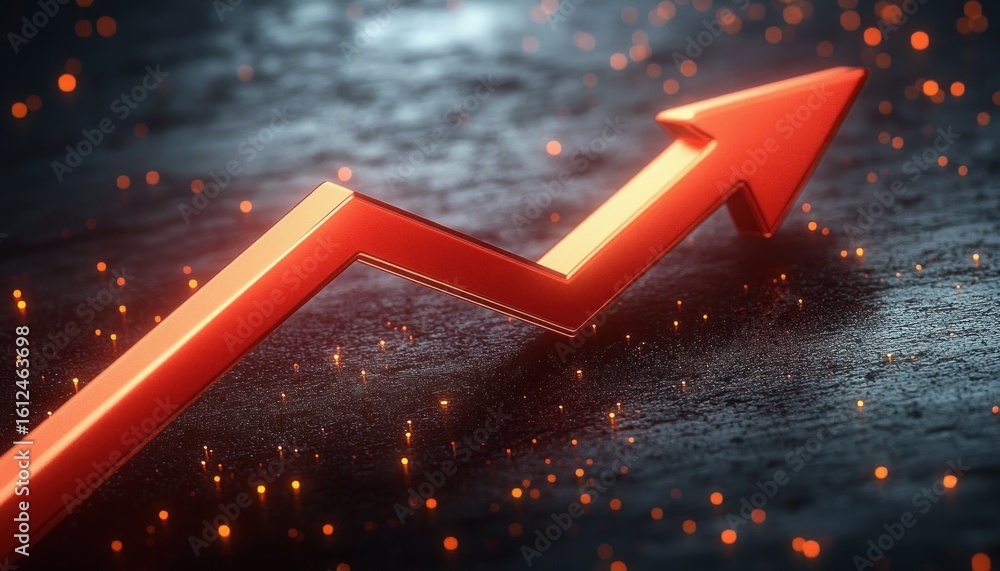 Poster glossy orange upward zigzag arrow on a textured dark surface with glowing orange spark particles aro