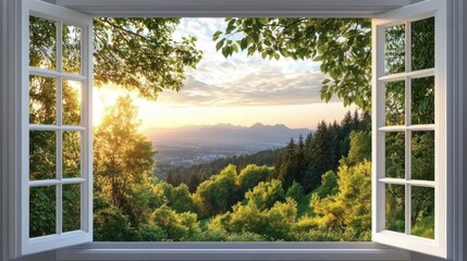 Open window framing a scenic view of lush green forest trees and distant mountains bathed in warm golden sunlight at sunset, evoking peace and tranquility