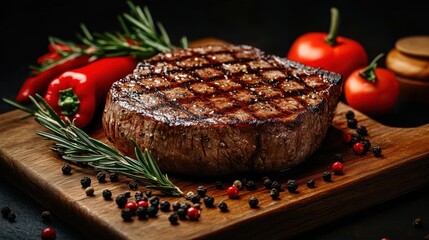 Juicy grilled steak with rosemary sprigs and colorful peppercorns on a wooden cutting board surrounded by fresh red cherry tomatoes and a red chili pepper