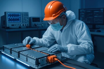 Electric vehicle battery technology expert examining advanced lithium-ion cells in high-tech laboratory environment