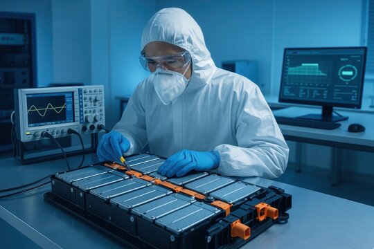 Electric vehicle battery technology expert examining advanced lithium-ion cells in high-tech laboratory environment