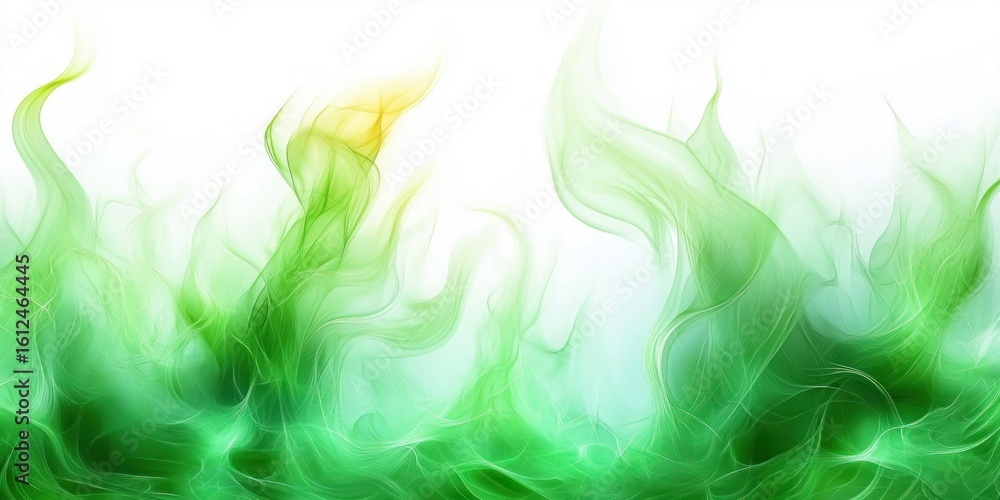 Poster abstract flowing green and yellow wisps creating a soft, ethereal and calming visual effect on a whi