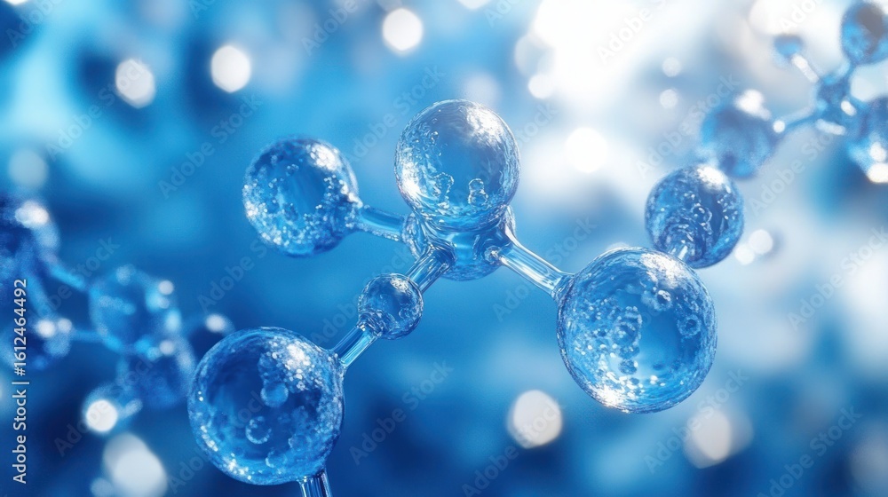 Poster close-up view of translucent blue molecular structure with spherical atoms connected by bonds on a b