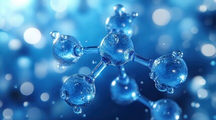 Close-up view of a transparent blue molecular structure with spherical atoms connected by cylindrical bonds against a blurred blue background