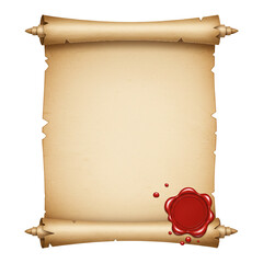 Realistic open parchment scroll with red wax seal isolated isolated on white background	
