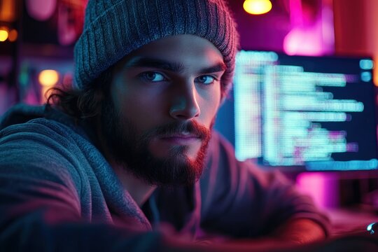 Focused young man with beard and beanie working late on coding in a colorful, dimly lit room with computer screens displaying programming code - Powered by Adobe