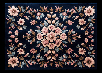 Beautifully intricate floral tapestry with pink and blue flowers on dark background, showcasing detailed embroidery and elegant design. craftsmanship highlights traditional textile art