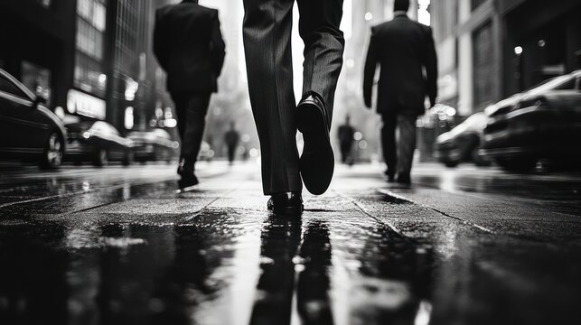 Fototapeta Close-up black and white photo of three men dressed in business suits walking on a wet city street with cars and tall buildings in the background