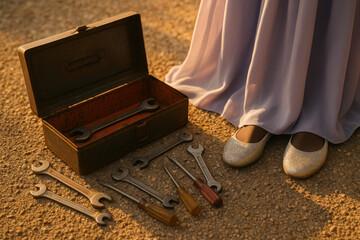 Elegant woman in glitter shoes standing near open toolbox with assorted wrenches and screwdrivers on gravel surface