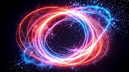 A swirling cascade of luminous particles dances energetically around a bold central Particle vortex Border Frame spiraling into focus, as vibrant bursts of color morph and shimmer, creating