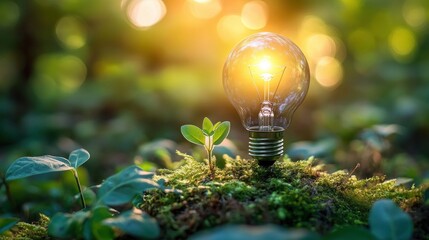 Glowing light bulb placed on mossy ground surrounded by small green plants with a warm sunlight background conveying growth and energy