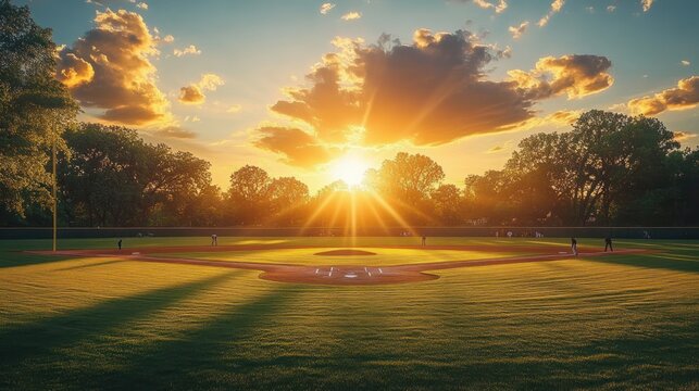 Sunset over a baseball field with players spread across the diamond and a sky filled with glowing clouds and warm sunlight