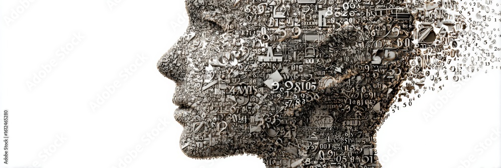 Poster human head profile composed of numbers and symbols representing the fusion of mathematics and creati