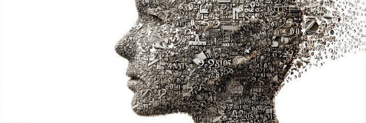Human Head Profile Composed of Numbers and Symbols Representing the Fusion of Mathematics and Creativity in a Modern Art Form