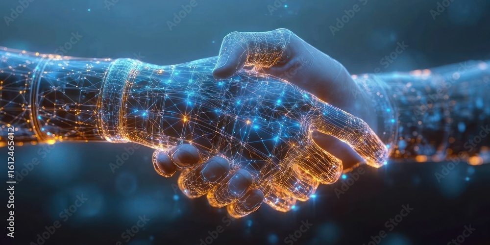Poster handshake between a human hand and a digital network hand composed of glowing interconnected nodes a