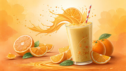 Orange smoothie concept art banner, citrus slices flying, orange gradient splash background