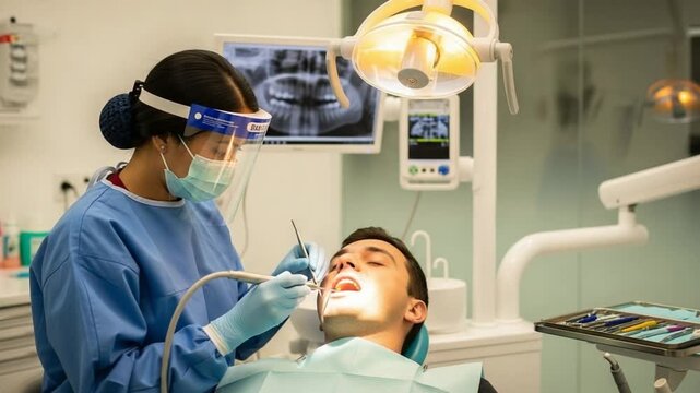 Professional Dentist Performing Oral Examination and Treatment on a Patient in a Modern Dental Clinic Under Bright Light with Advanced Dental Equipment and Focused Care