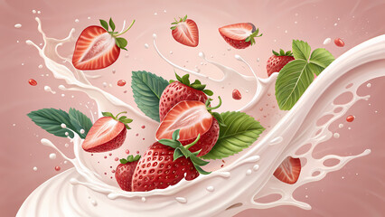 Illustration banner of strawberry smoothie concept, floating sliced strawberries and leaves