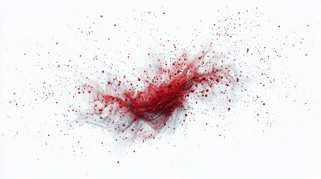Abstract dynamic burst of red particles swirling and scattering on a white background creating a sense of motion and energy