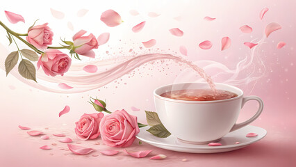 Elegant rose tea banner illustration, luxury herbal tea design, perfect for premium branding