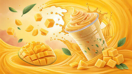 Commercial banner of mango smoothie illustration, flying mango cubes, yellow-orange gradient background
