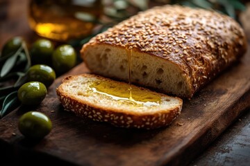 fresh sesame seed bread slice on wooden board with golden olive oil being poured and green olives in background evoking warmth and rustic simplicity
